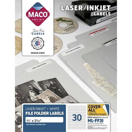 Maco File Folder Labels, 2/3"x3-7/16", 1500/BX, White PK MACMLFF31